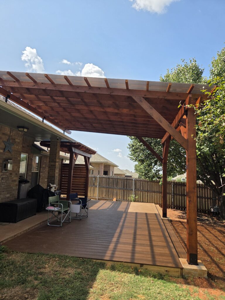 pergola installation in Edmond. Trex Enhance Saddle Deck with Pergola